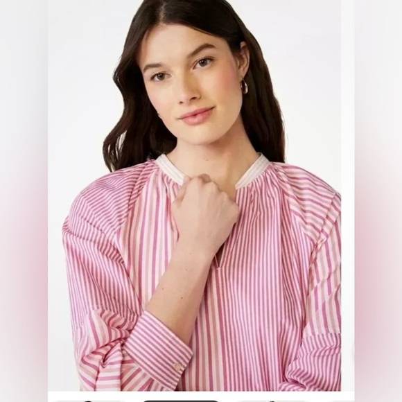 Free Assembly Women's V-Neck Peplum Top with Long Sleeves  S Pink Stripes - Picture 4 of 14